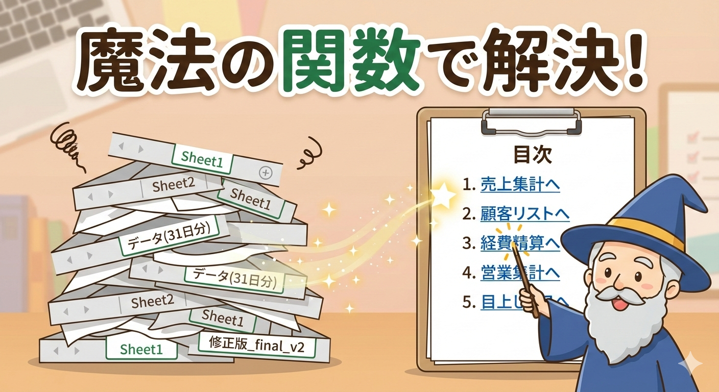 【Excel時短術】増えすぎたシートを1秒で整理！自動リンク作成の魔法の関数を徹底解説